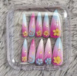 Blue and Pink flower nails