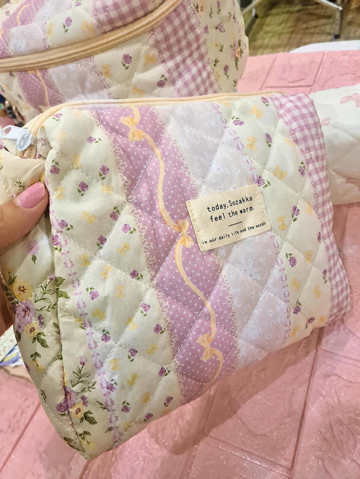 Pink medium sized quilted floral design bag